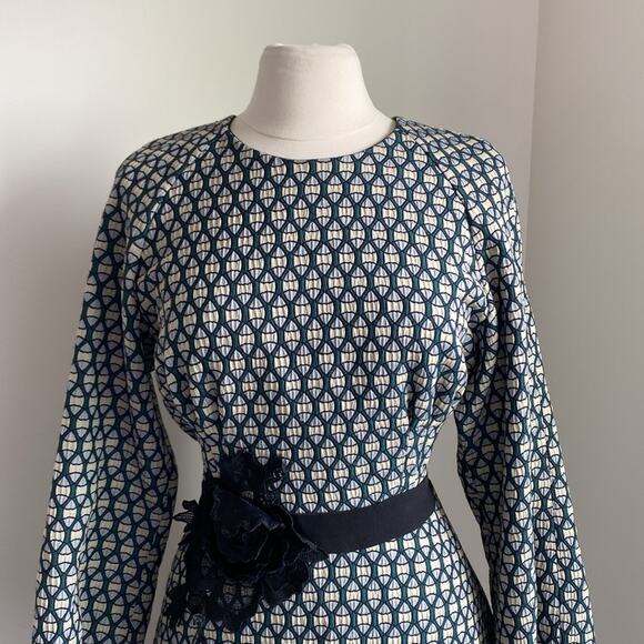 IREN KLAIRIE Fit & Flare Dress Womens Sz 12 Geometric Print Floral Tie Waist - Picture 3 of 8